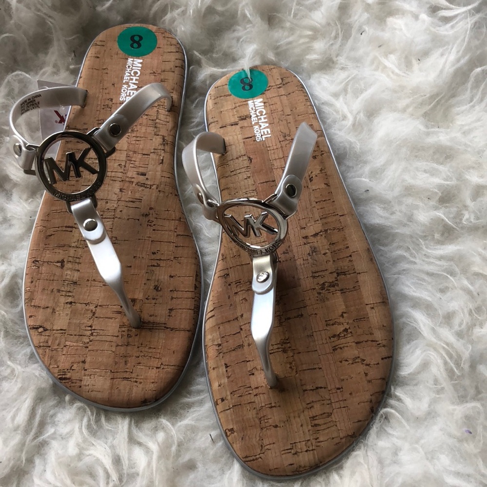 Michale Kors sandals flip flops silver cork 8